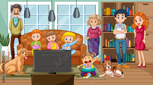 Big family with their pet in the living room scene