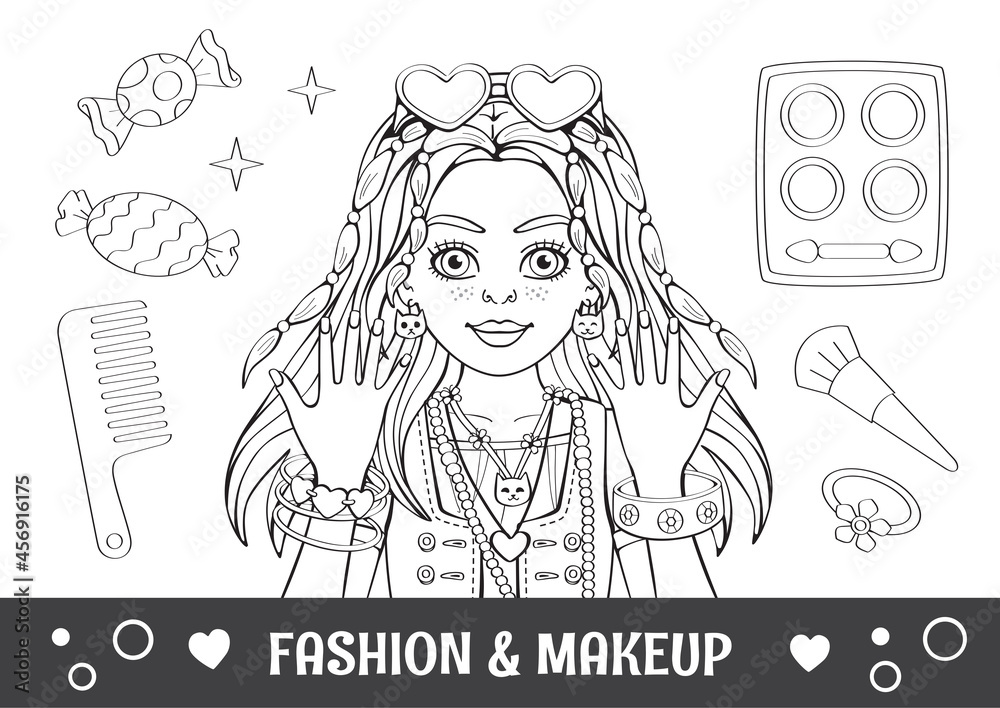 Linear pencil drawing. Antistress coloring book or page. Stylish girl with  fashionable hairstyle, makeup and jewelry. Modern princess. Zen tangle style.  Doll or toy. Illustration for children. Vector Stock Vector | Adobe