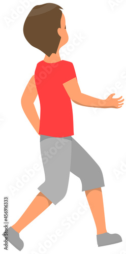 Young guy in casual clothing walking and looking back. Male character looks at something behind him. Back view of boy wearing shorts and t-shirt  vector illustration isolated on white background