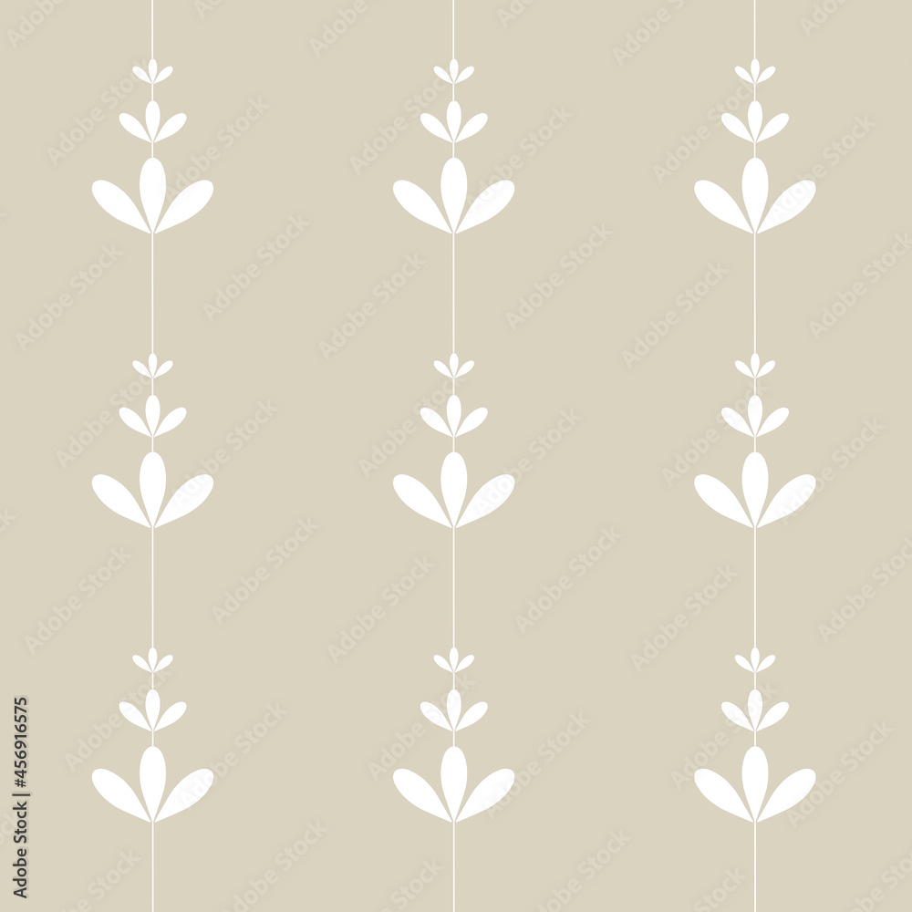 White three leaves flowers different size with line between on beige background seamless vintage pattern wallpaper