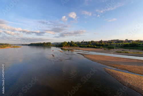 Sandbank in the Loire  river. Pouilly-sur-Loire village