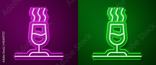 Glowing neon line Wine tasting, degustation icon isolated on purple and green background. Sommelier. Smells of wine. Vector