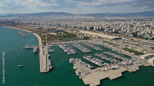 Aerial drone photo of famous seaside Athens riviera area of Faliro and Flisvos featuring a luxury marina for yachts and sailboats, Attica, Greece © aerial-drone