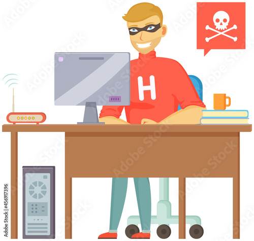 Hacker attack. Hacker breaks into computer. Cyber attacker cracker trying to hack laptop password, masked man sitting at table. Breaking login, pin code, cracking screen lock, cartoon vector