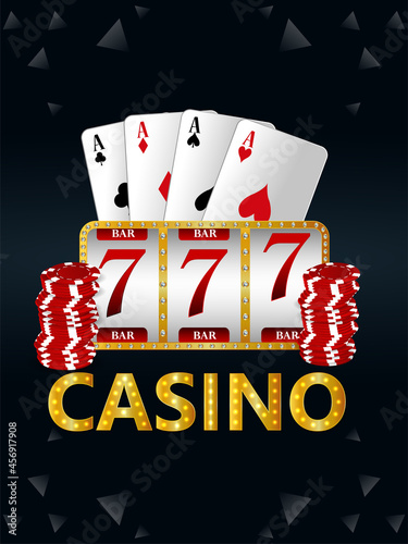 Casino gambling game with vector illustration of slot machine and palying cards