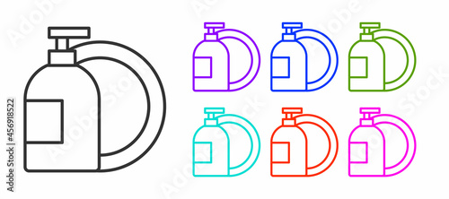 Black line Dishwashing liquid bottle and plate icon isolated on white background. Liquid detergent for washing dishes. Set icons colorful. Vector