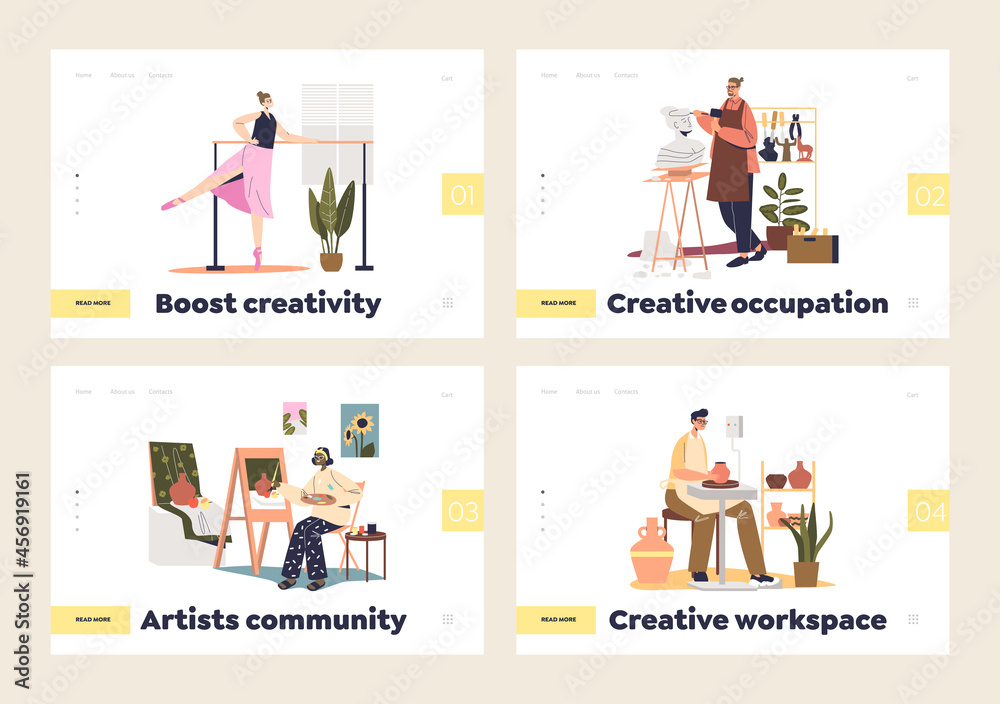 Artists creative occupation concept of set of landing pages with artistic people creating art