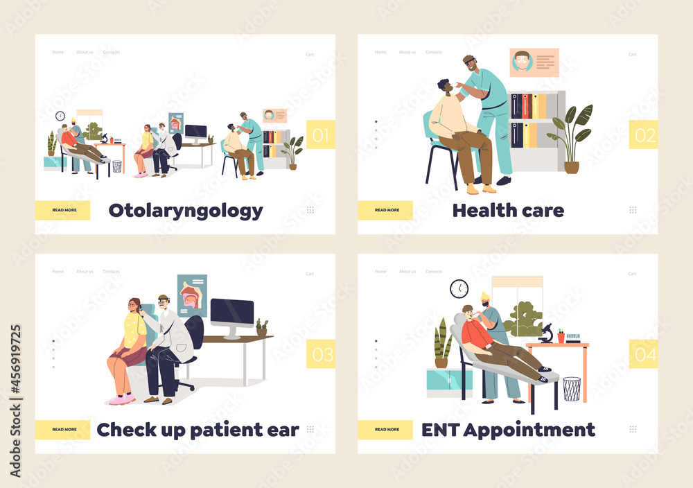 Otolaryngology medicine set of landing pages with doctors otolaryngologist examining patients