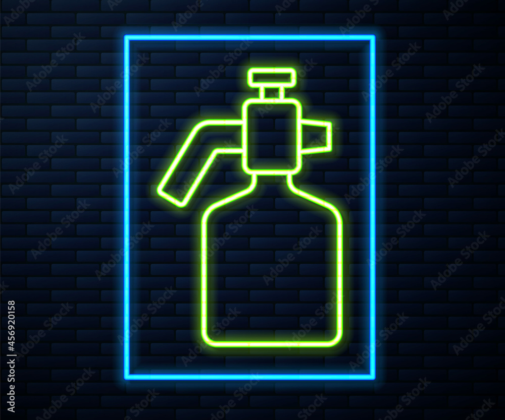 Glowing neon line Paint spray gun icon isolated on brick wall background. Vector Glowing neon line Paint spray gun icon isolated on brick wall background. Vector