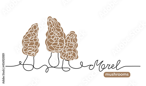 Petty morel wild mushrooms one line art drawing. Simple vector line illustration with lettering petty morel mushrooms