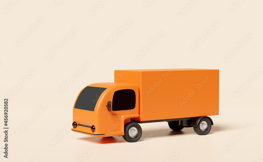 Fototapeta premium Orange delivery truck isolated beige background.business delivery, service transport concept,3d illustration or 3d render
