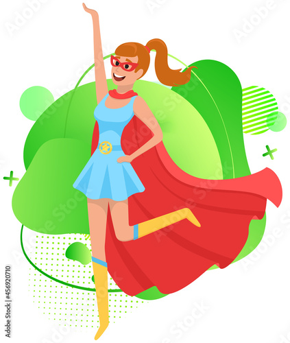 Superwoman smiling, waving hand and has superpowers. Cartoon character in superhero costume with cloak, mask and emblem stands on white background. Strong person protects people from villains