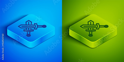 Isometric line Crossed medieval sword icon isolated on blue and green background. Medieval weapon. Square button. Vector