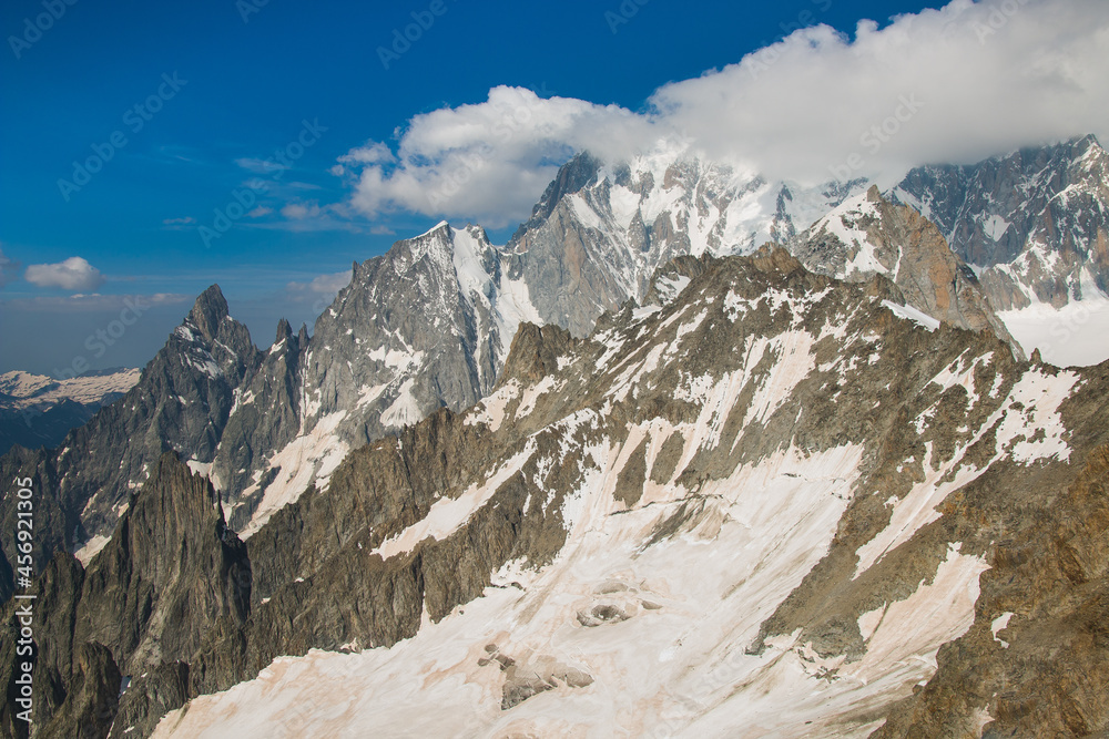 Landscape of high alps in the Mont Blanc massif during summer day of july, France