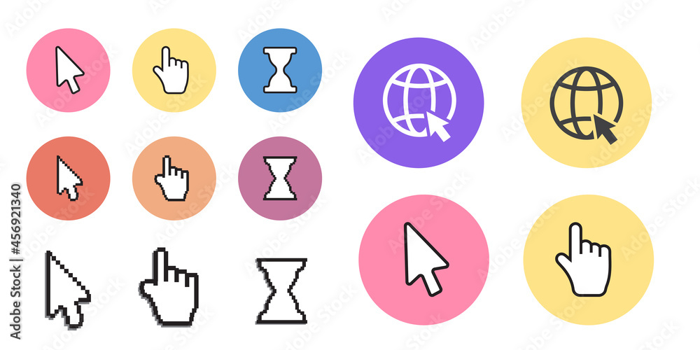 Pixel cursors icons mouse hand arrow. Mouse computer cursor. Hand arrow web cursor set Pixel cursors icons mouse hand arrow. Mouse computer cursor. Hand arrow web cursor set