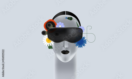 Future concept.
Woman wearing virtual reality glasses. Vector illustration flat design. Use in Web Project and Applications.