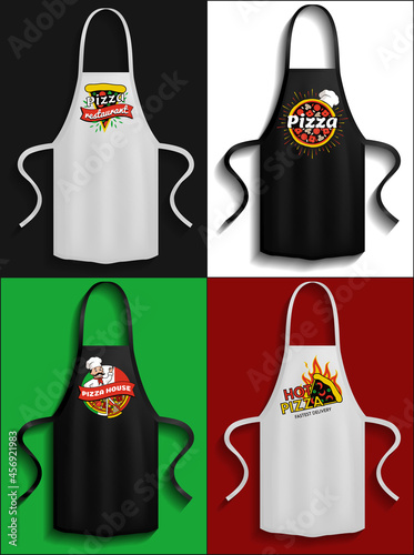 Set of aprons with pizzeria logos. Clothes for work in kitchen, protective element of clothing for cooking. Apron for cooking in kitchen and protection of clothes. Preparing pizza in restaurant