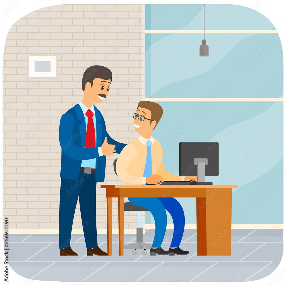 Boss instructing subordinate at workplace. Male office workers talking to each other at meeting in office. Professional conversation between colleagues, businessmen at a table with computer Boss instructing subordinate at workplace. Male office workers talking to each other at meeting in office. Professional conversation between colleagues, businessmen at a table with computer