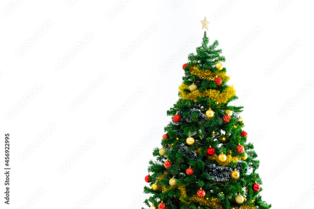 Composition of christmas tree with decorations and copy space on white background Composition of christmas tree with decorations and copy space on white background