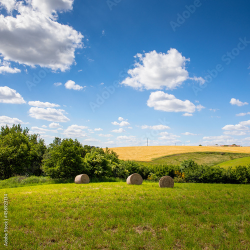 Meule de foin ou de paille dans un paysage de campagne.