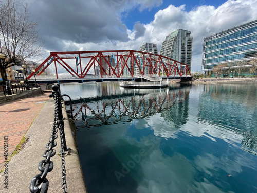 Modern architecture and landmark buildings in Salford Quays. 