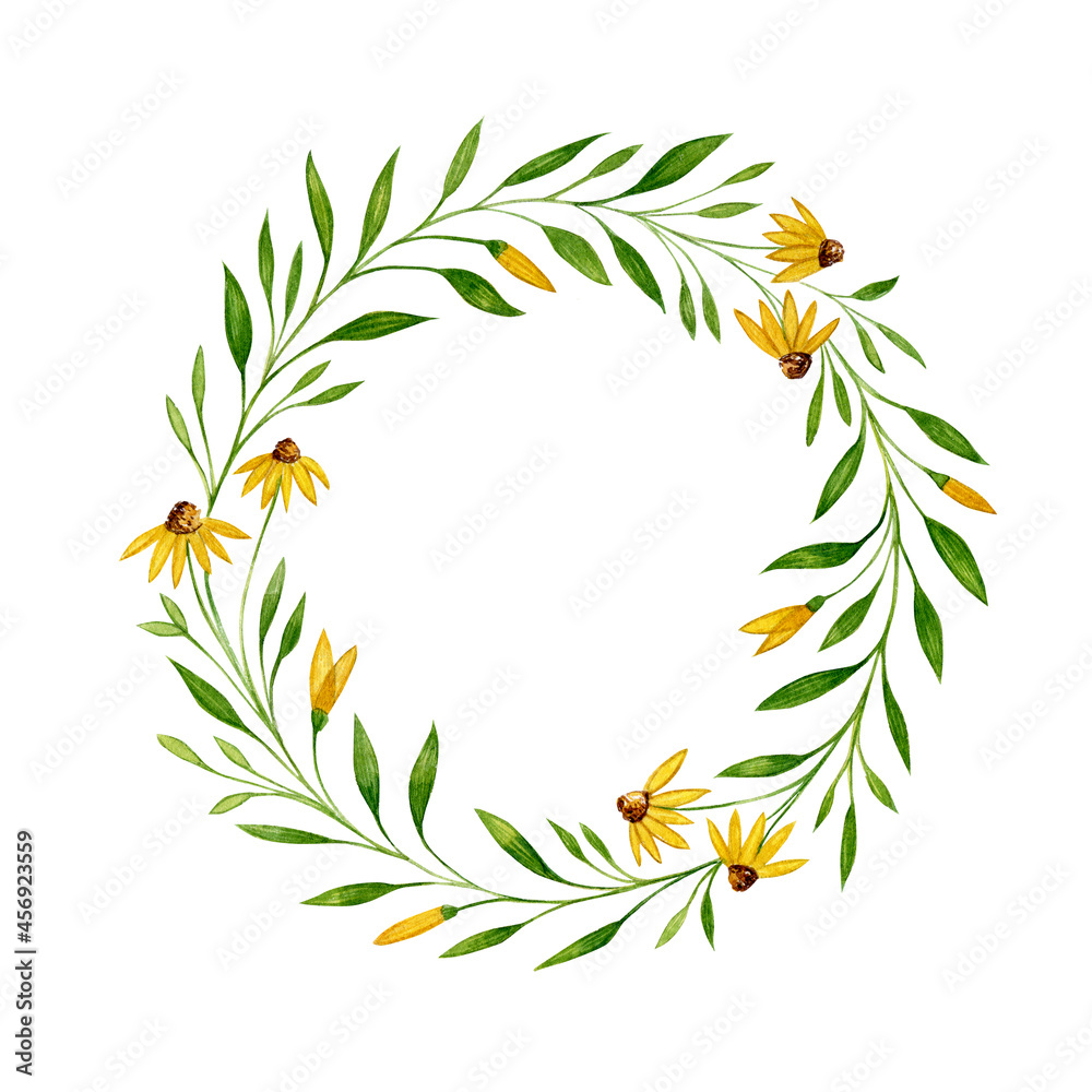 Naklejka premium Watercolor illustration of a green leaves and flower. Hand made character. Leaf isolated on white background. Watercolor hand-drawn illustration. Wedding decor. Wreath