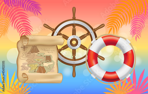 Marine inventory on pink tropical background. Lifebuoy, treasure map and steering wheel for being at sea. Pirate inventory, items for nautical design. Nautical symbols, icons vector illustration