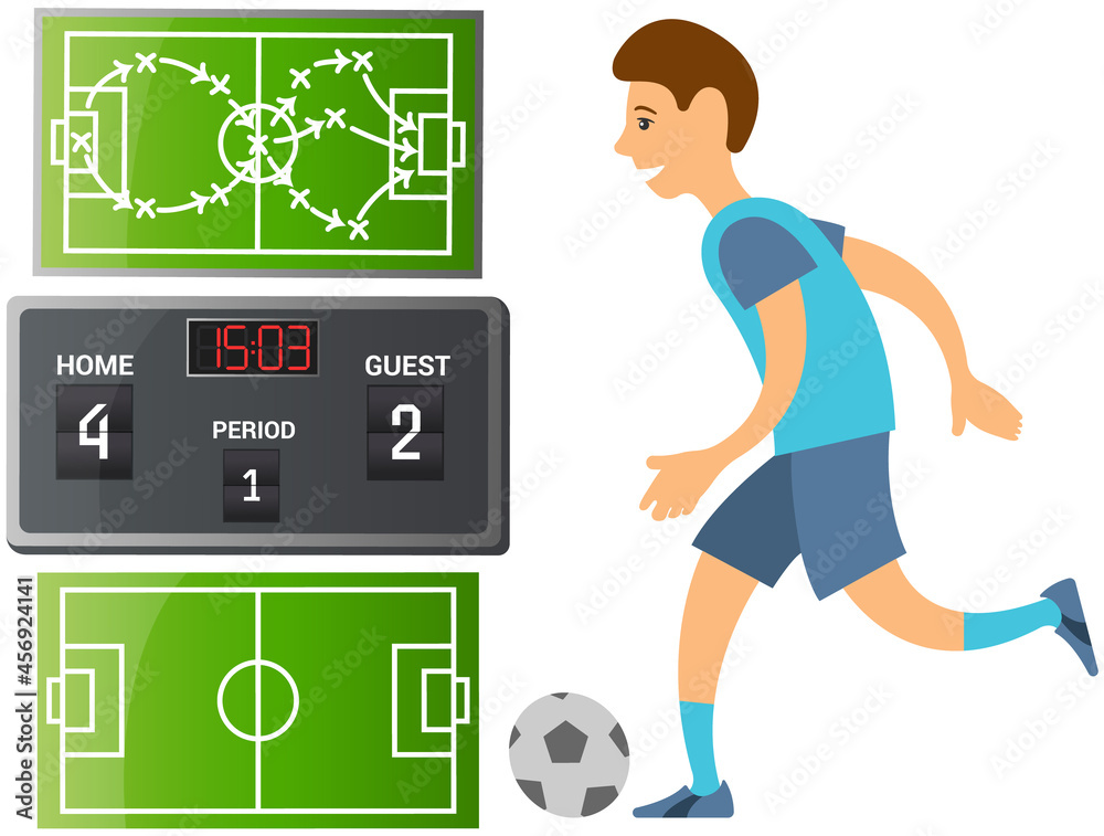 Fototapeta premium Running soccer player. Football cartoon player in blue jersey running with ball on playing field isolated man sport player sportsman in sports uniform. Guy plays football, kicks ball and scores goal