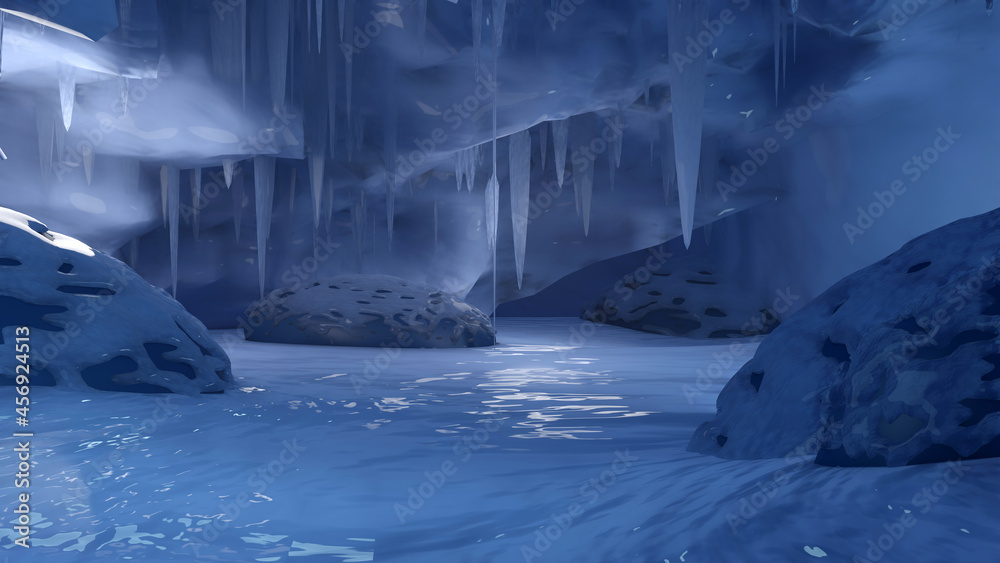 Blue water stream in an icicle cave (3D Rendering)