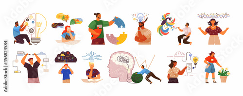 Mind behavior concept. Creative thinking. People with different mental mindset types or models creative. Abstract inner thought process and emotional activity. Personality and mental mindset types