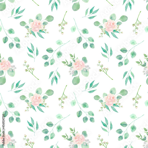 Watercolor seamless botanical pattern with eucalyptus and gentle pink carnations. Hand painted background with eucalyptus branches and delicate flowers for prints, textile and wedding decoration. 