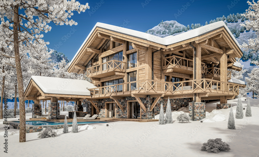 3d rendering of modern cozy chalet with pool and parking for sale or rent. Beautiful forest mountains on background. Massive timber beams columns. Cool winter day with shiny white snow. 3d rendering of modern cozy chalet with pool and parking for sale or rent. Beautiful forest mountains on background. Massive timber beams columns. Cool winter day with shiny white snow.