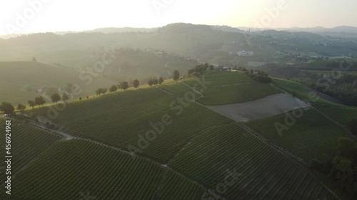 Vineyards agriculture in Barolo aerial view with sunrise or sunset light in Langhe, Piedmont. Unesco world heritage site in Northern Italy