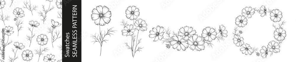 Set of different branches of cosmos flowers, seamless pattern and circle frame on white background. Set of different branches of cosmos flowers, seamless pattern and circle frame on white background.