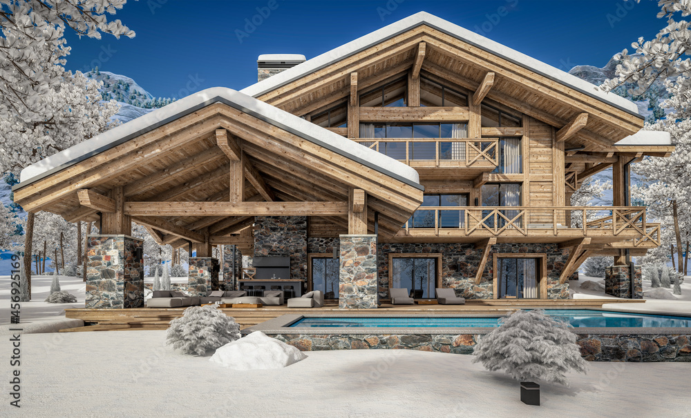 3d rendering of modern cozy chalet with pool and parking for sale or rent. Beautiful forest mountains on background. Massive timber beams columns. Cool winter day with shiny white snow.