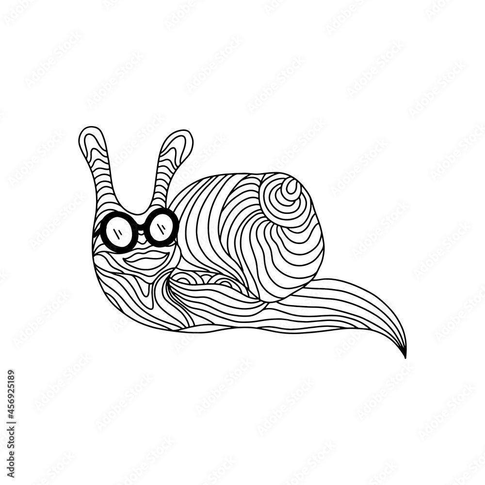 Abstract snail for coloring in sunglasses on a white background. Funny children's vector illustration in the style of outline. Tatoo.