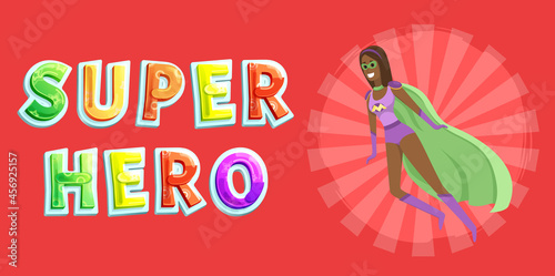 Superwoman smiling, waving hand and has superpowers. Cartoon character in superhero costume with cloak, mask and emblem stands on white background. Strong person protects people from villains