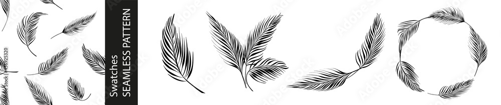 Set of different branches of palm leaves, seamless pattern and circle frame on white background.