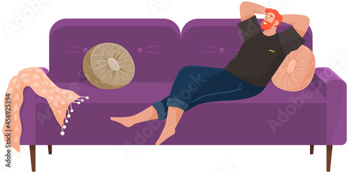 Man lying on sofa in apartment. Happy young guy relaxing, dreaming. Rest on couch and think about something. Home leisure. Male character lies on divan and smiles, enjoying time at home after work