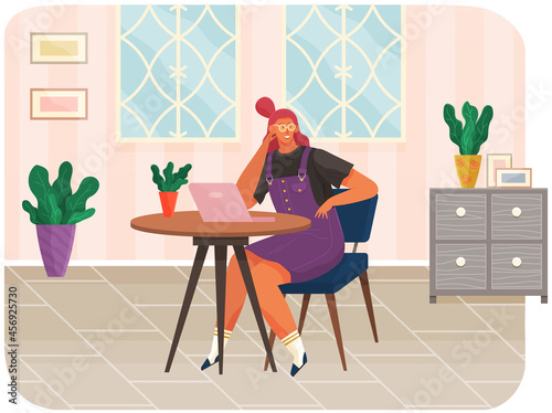 Office woman at desk with tablet pc. Businesswoman or clerk working at her table, student studying remotely. Smiling girl manager office worker enterpreneur performs work on computer, freelancer