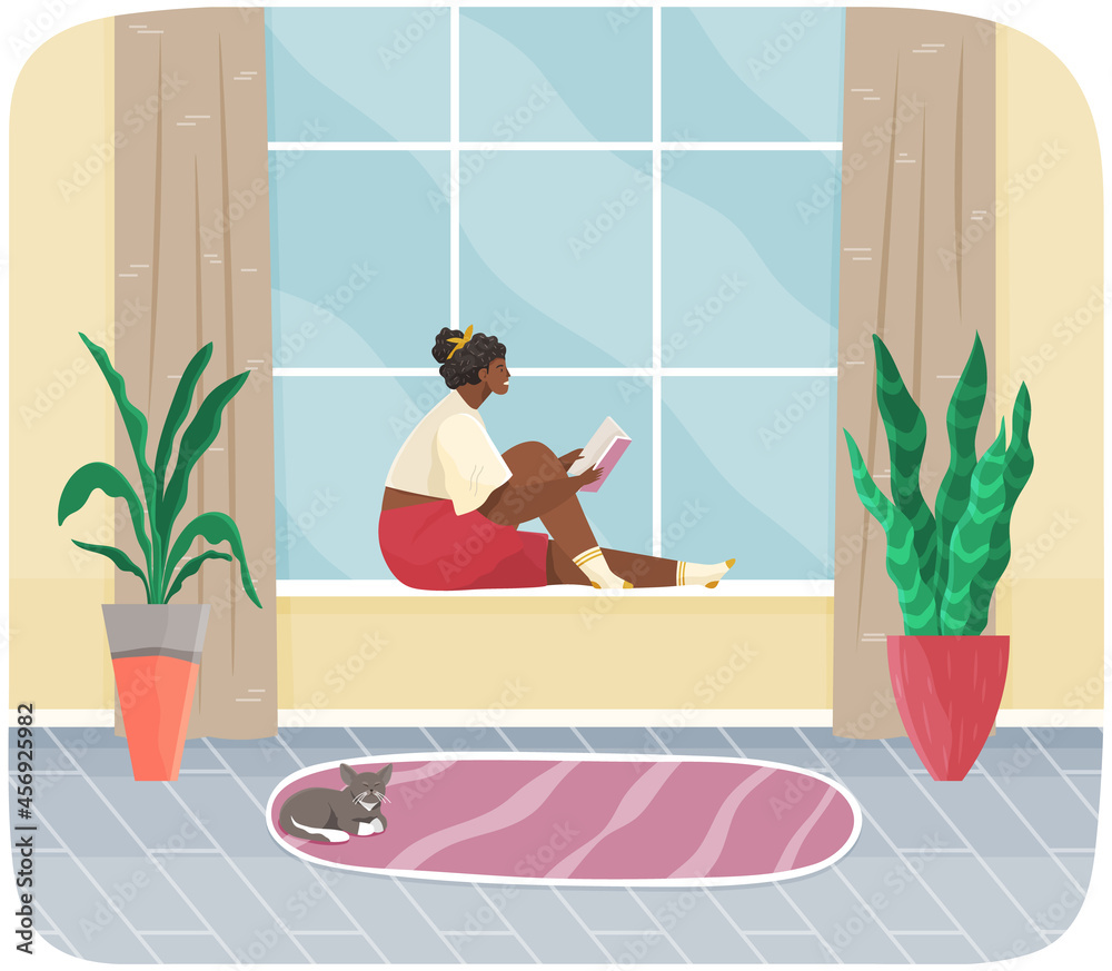 Obraz premium Young woman sitting on windowsill at home looking out window, relaxing reading book in evening. Female character rest in cozy interior. Spend time at home enjoy free time, dream, rest after work