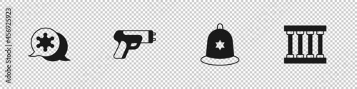 Set Hexagram sheriff, Police electric shocker, British police helmet and Prison window icon. Vector