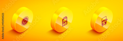 Set Isometric Power button, Dosimeter and Electric car charging station icon. Vector