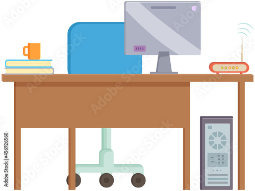 Table and furnishing for work of office employee. Home or office desk with monitor, wheelchair, computer, books and folders, Wi-Fi router. Interior design and furniture placement in workplace