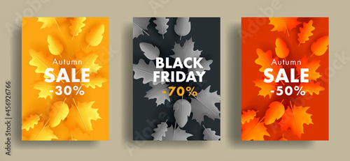 Set of autumn sale posters or flyers with fall leaves 3d illustration from center to the edges, different colors