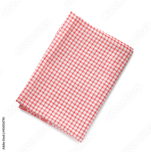 Red checkered kitchen towel isolated on white, top view