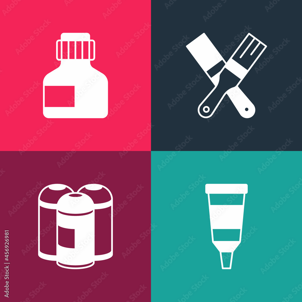Set pop art Tube with paint palette, Paint spray can, brush and Paint, gouache, jar, dye icon. Vector Set pop art Tube with paint palette, Paint spray can, brush and Paint, gouache, jar, dye icon. Vector