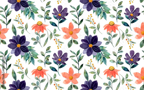Seamless pattern of orange purple floral watercolor