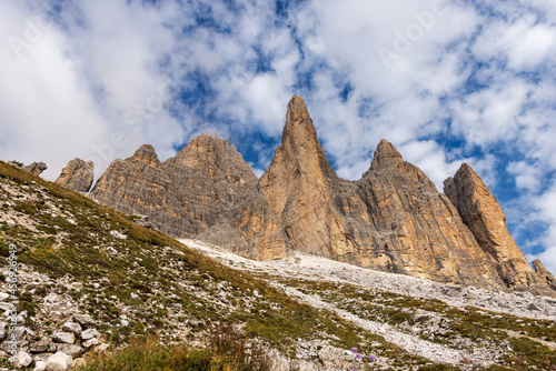 The Drei Zinnen or Tre Cime di Lavaredo (three peaks of Lavaredo), south face, the famous mountain peaks of the Dolomites, UNESCO world heritage site, Trentino-Alto Adige and Veneto, Italy, Europe.