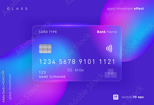 Vector image in the glass morphism style. Translucent bank card, frosted glass and abstract shapes. Place for your text.